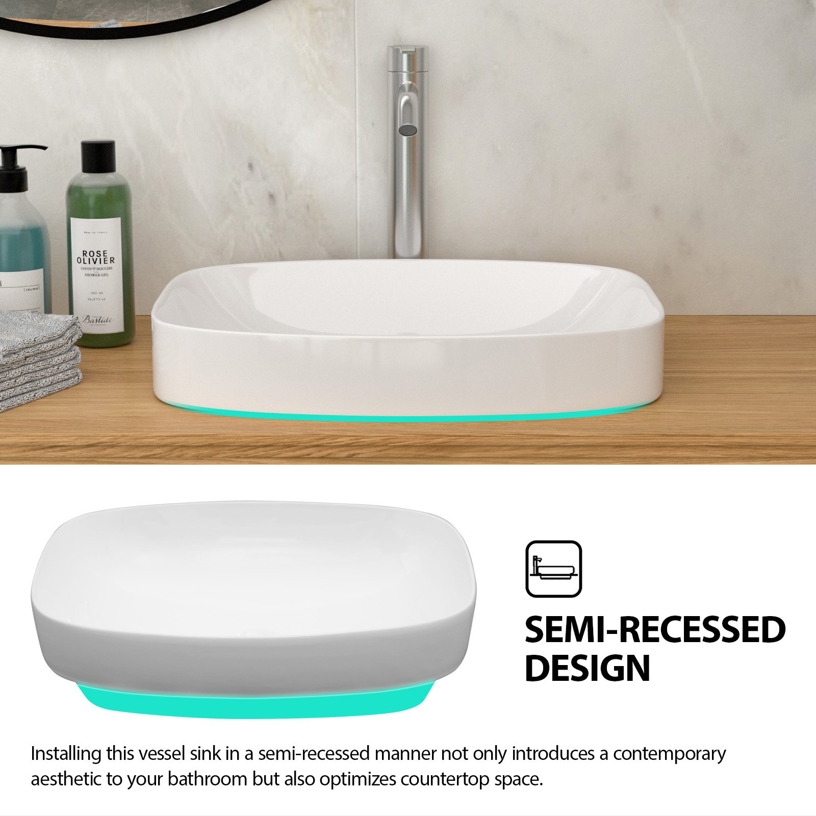 Modern Semi Recessed Ceramic Bathroom Sink With Vessel Design - White - Image 7