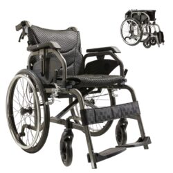 Premium Lightweight Foldable Transport Wheelchair Square Tube Design With Double Brakes Adjustable Handrail & Breathable Seat Ideal For Disabled & Post Surgery Recovery - Black / Gray
