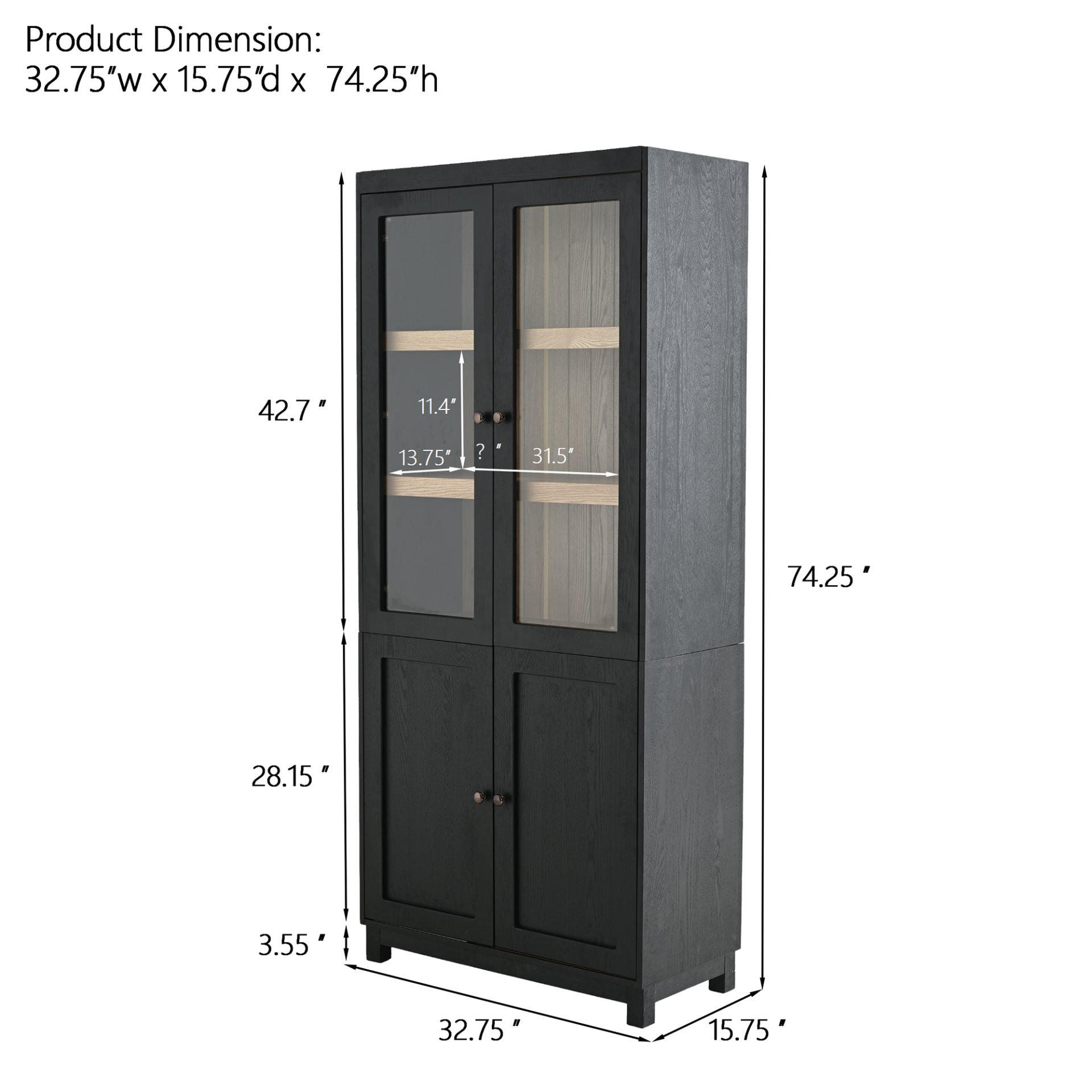 Mid Century Modern Style Tall Display Cabinet With Glass Doors For Collectibles - Black - Image 3