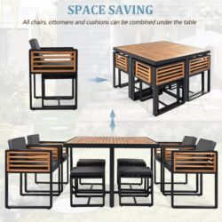 18 Pieces Acacia Wood Patio Dining Set, Space Saving Outdoor Patio Set, 8 Cushioned Chairs & 8 Ottomans & 2 Square Table, For Backyard, Garden, Deck And Poolside - Gray