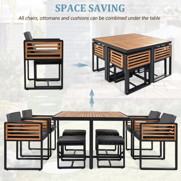 18 Pieces Acacia Wood Patio Dining Set, Space Saving Outdoor Patio Set, 8 Cushioned Chairs & 8 Ottomans & 2 Square Table, For Backyard, Garden, Deck And Poolside - Gray