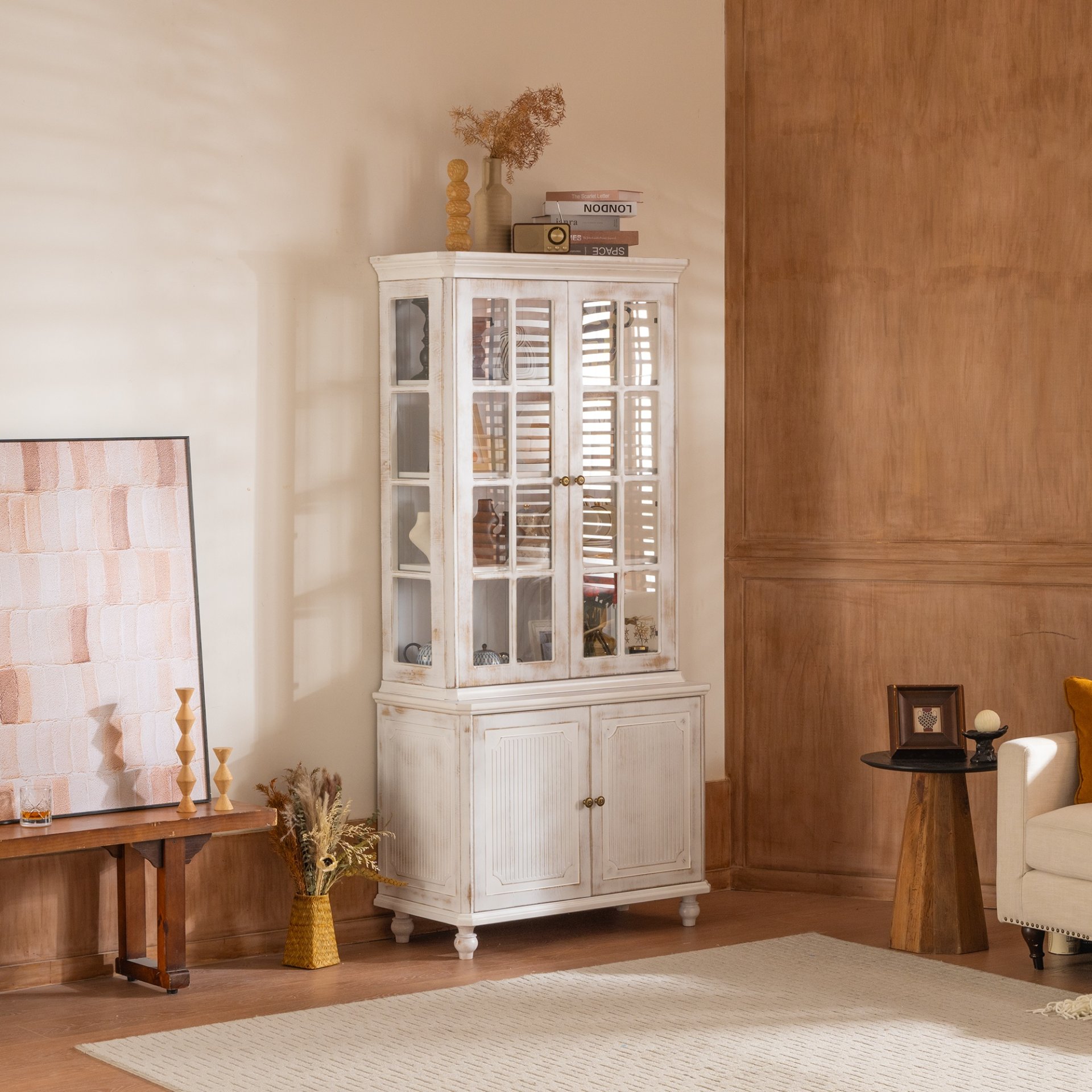 Vintage Display Cabinet With Double Glass Doors, Traditional Style Hutch For Home Or Workspace Washed - White Washed - Image 2