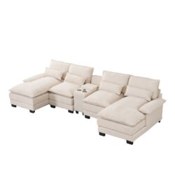 U Shaped Sofa With Console, Cupholders, USB Ports, 6 Seat Upholstered Indoor Furniture, Bronzing Suede & Chenille - Beige