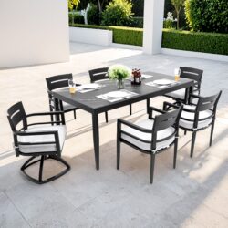7 Pieces Modern Outdoor Patio Dining Set, Rectangular Table, 4 Chairs & 2 Swivel Rockers, Sunbrella Cushions - Ember Black