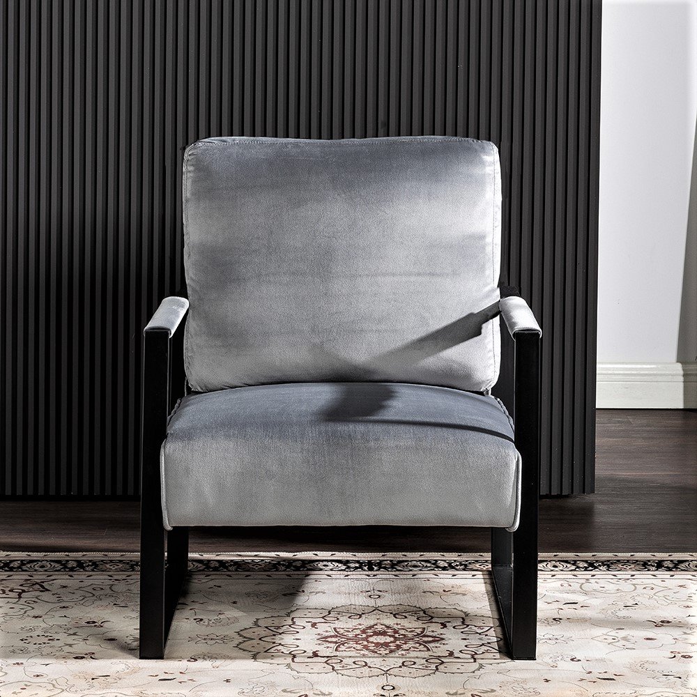 Classic Mid Century Modern Accent Chair With Durable Square Metal Frame, Armchair Upholstery - Gray - Image 3