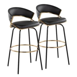 Jie - Fixed Height Contemporary Barstool With Swivel With Round Footrest (Set of 2) - Gold / Black / Gold