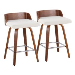 Maya - Mid-Century Modern Fixed Height Counter Stool & Swivel And Square Footrest (Set of 2) - Walnut / Cream
