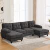 U Shaped Sectional Sofa Couch With Dual Chaise Lounges, Storage Pockets, Armrest Pillows - Black - Image 6