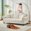 3 Seater Sofa With Rolled Arms And Nailhead Trim Upholstered Couch - Beige - Image 4