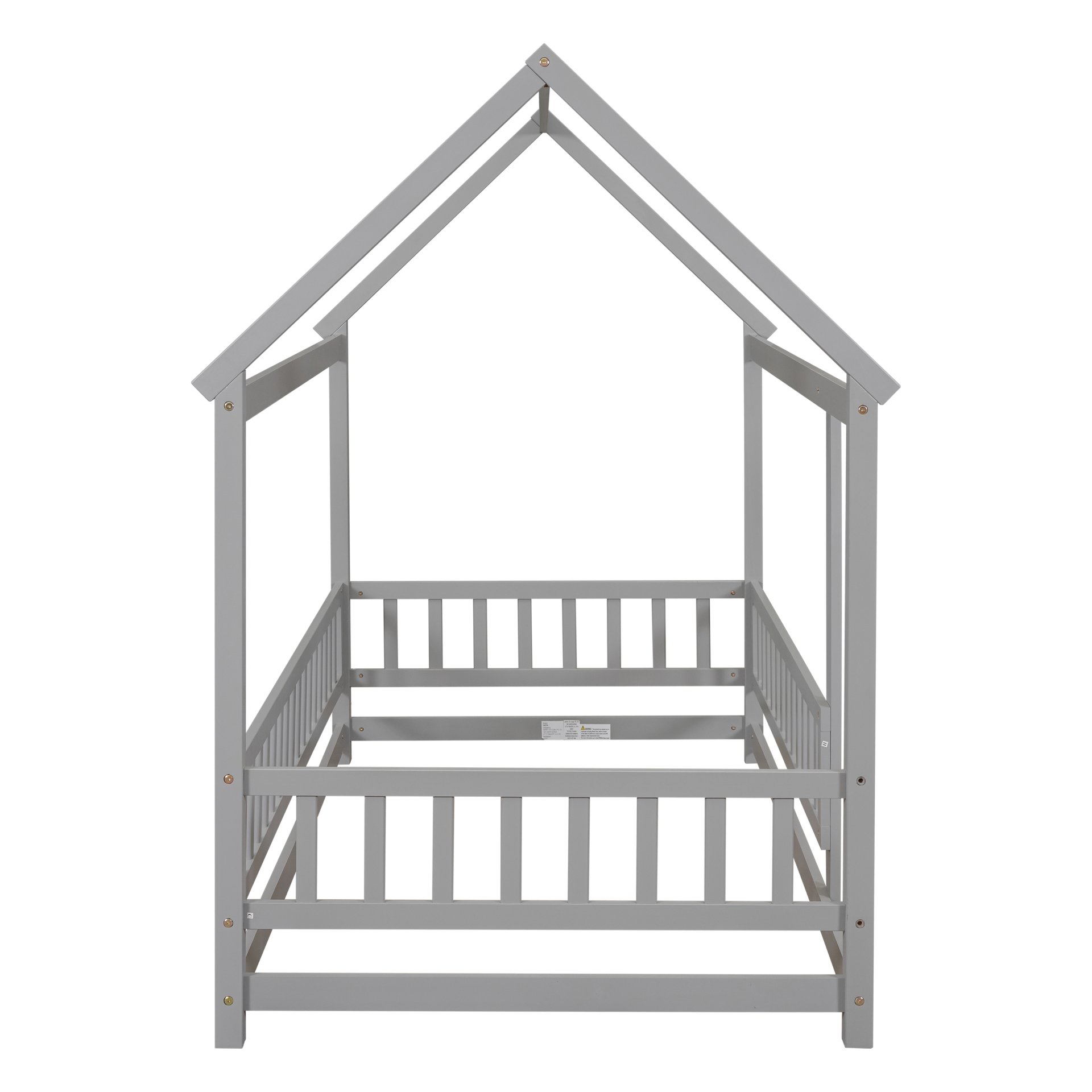Twin Size Floor Wooden Bed With House Roof Frame, Fence Guardrails - Gray - Image 9