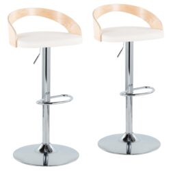 Grotto - Mid-Century Modern Adjustable Height Barstool With Swivel With Oval Footrest (Set of 2) - Chrome / Natural / White