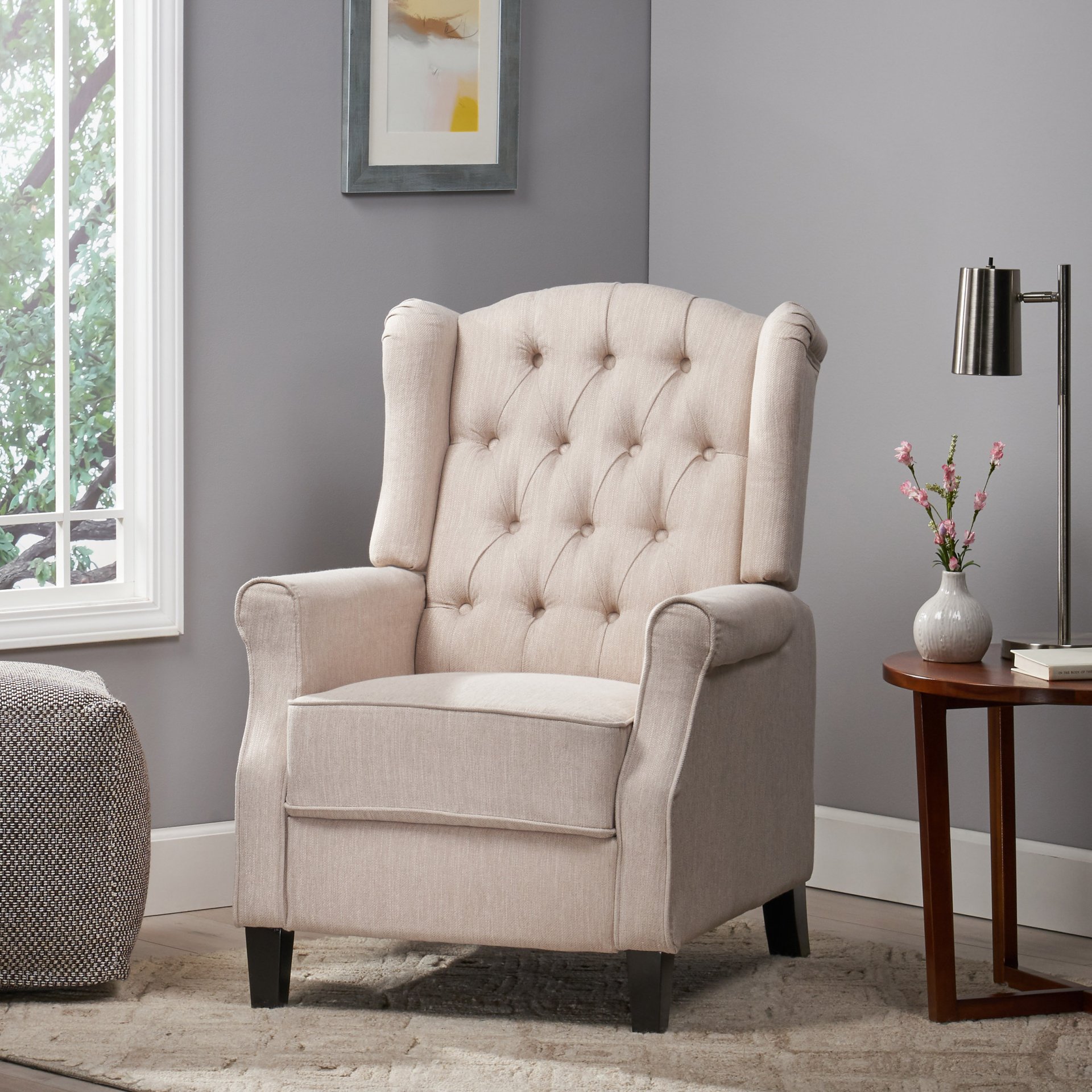 Contemporary Tufted Fabric Push Back Recliner - Beige - Image 5