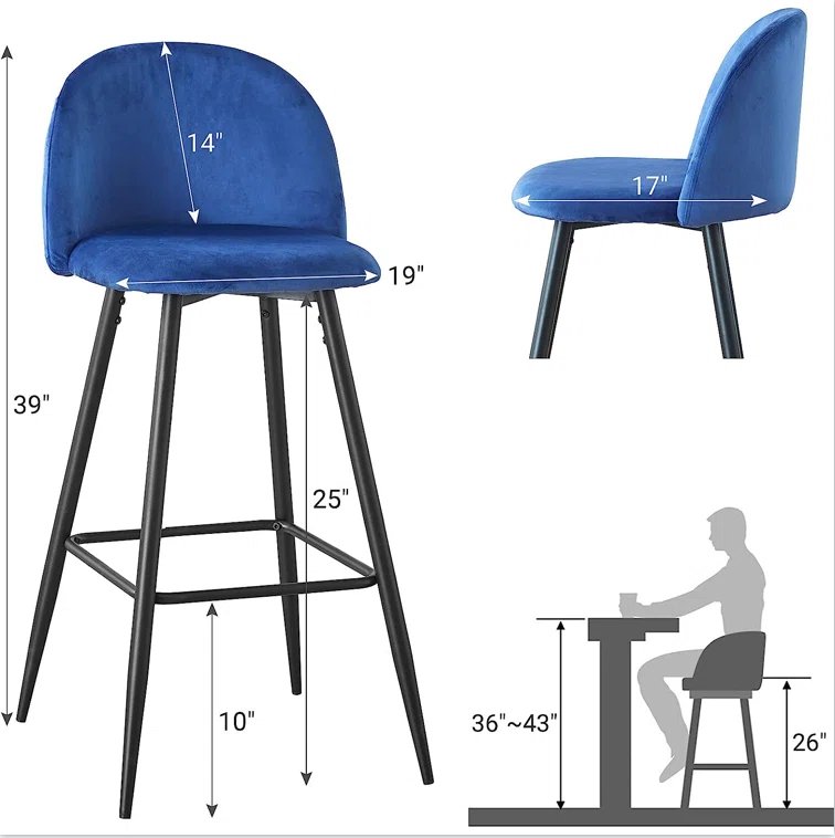 Bar Stool (Set of 2) Modern Counter Bar Height Chair With Back, Sturdy Metal Legs & Footrests, Island Stool For Kitchen Bar - Blue - Image 6