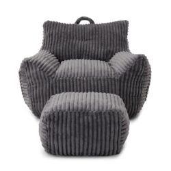 Giant Plush Bean Bag Chair For Adults With Armrests And Footstool, Comfy Corduroy Chaise Lounge - Gray
