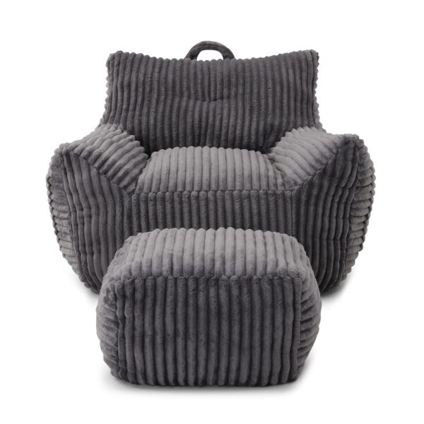 Giant Plush Bean Bag Chair For Adults With Armrests And Footstool, Comfy Corduroy Chaise Lounge - Gray