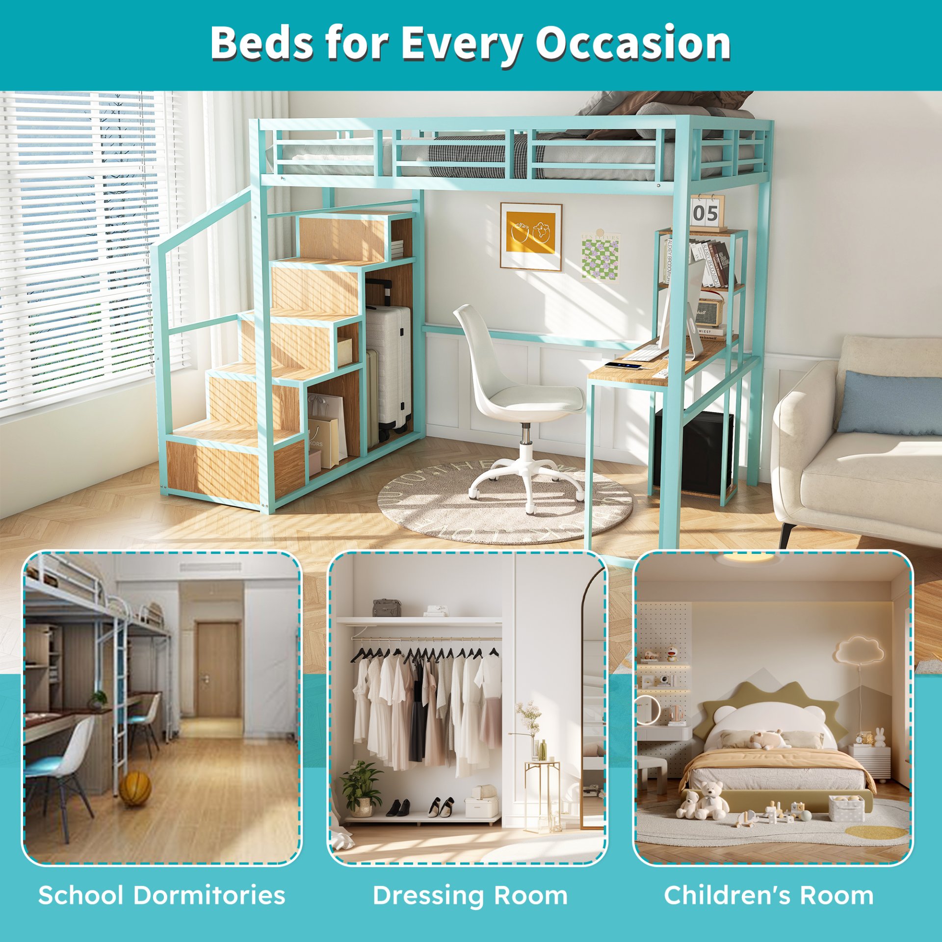 Heavy Metal Frame Full Loft Bed With Desk & Storage, 4 Cabinets, Staircase, Rack Space Saver - Green - Image 7