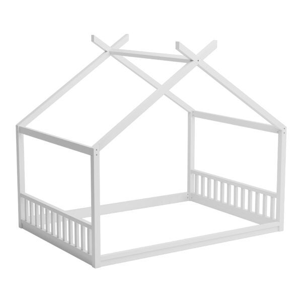 Full Size Montessori Style House Bed For Kids, Floor Bed Frame With Headboard And Footboard, Fence Bed For Girls, Boys, Slat Not Included - White