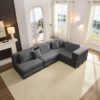 Oversized Upholstered Sectional Sofa Couch Set, Modular L Shaped Floor Sofa Set With 6 Pillows For Living Rooms - Dark Gray - Image 5