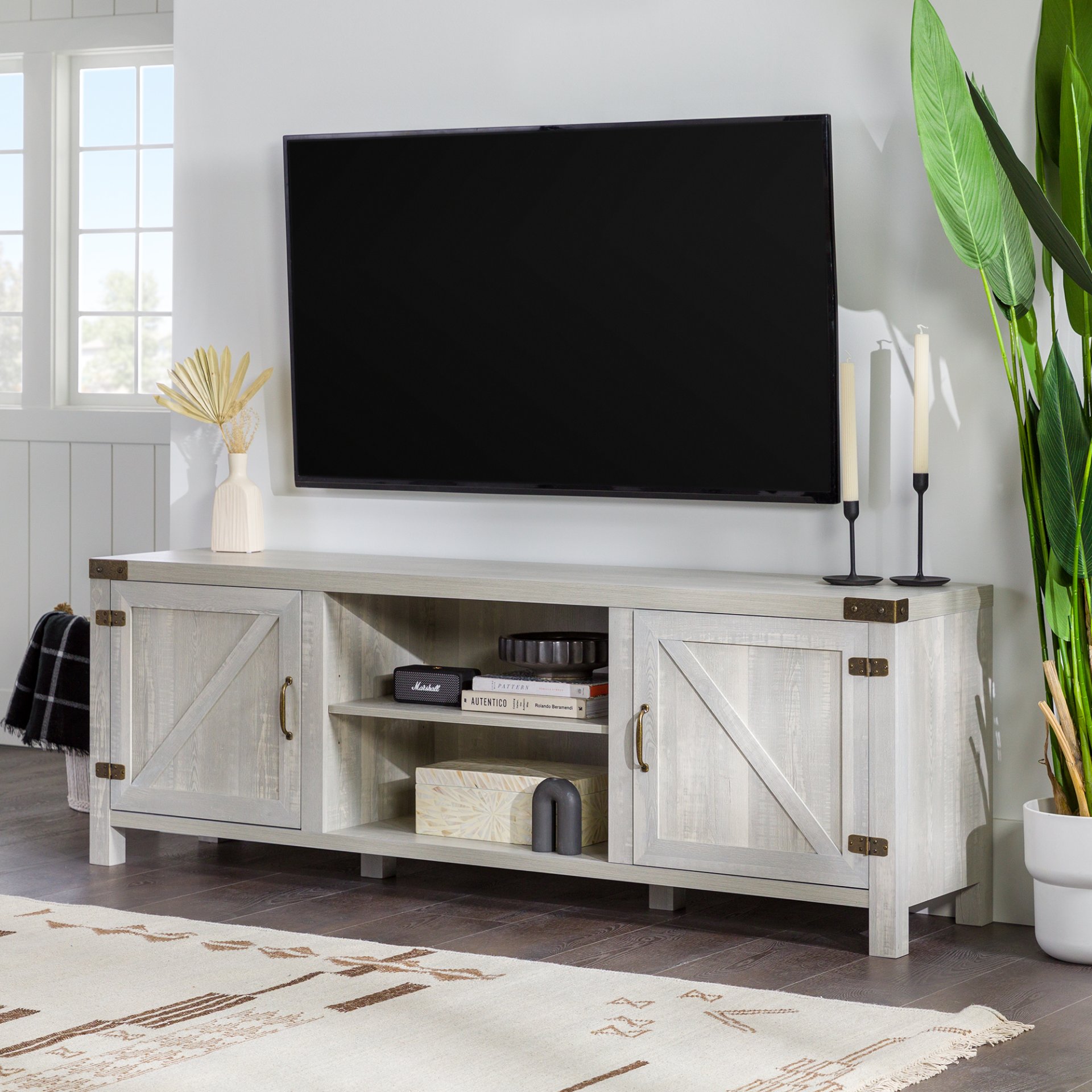 Rustic Farmhouse Double Barn Door 70" TV Stand For 80" TVs With Center Shelves - Stone Gray - Image 3