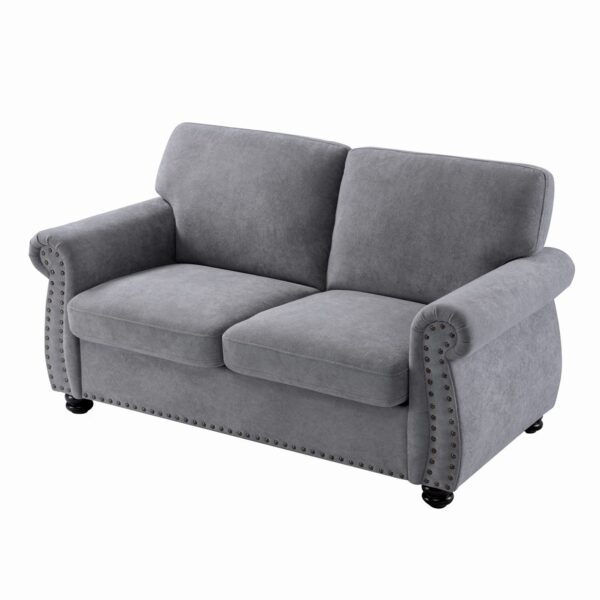Soft Loveseat, Upholstered 2 Seater Couch, Loose Back Cushions And Turned Legs - Gray