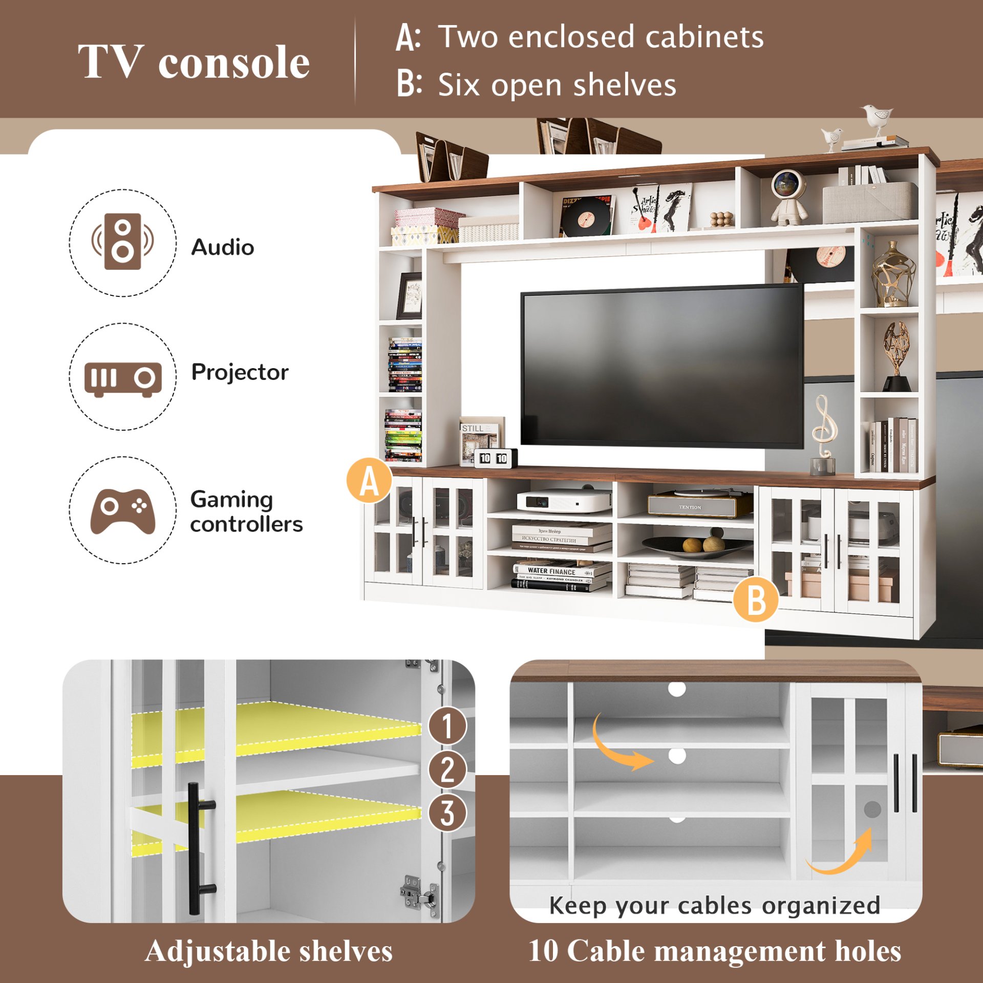 Wall Unit Entertainment Center With Bookshelves For TVs Up To 80", Modern TV Stand Media Console With Cabinets, Tempered Glass Doors And Adjustable Shelves For Living Room - White - Image 7