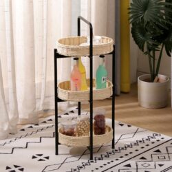 Farmhouse Style 3 Tiers Tray Tables Paper Rope Woven Side Table With Oval Storage Basket - Natural