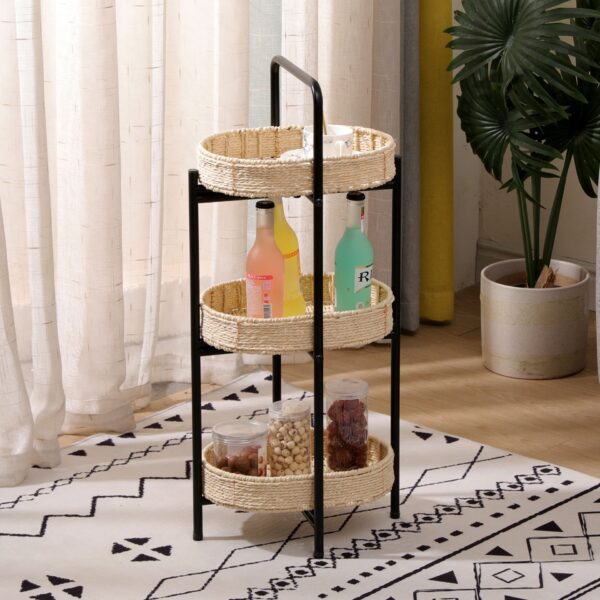 Farmhouse Style 3 Tiers Tray Tables Paper Rope Woven Side Table With Oval Storage Basket - Natural