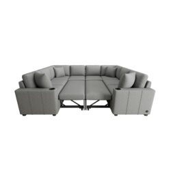 Modern U Shaped Sectional Sofa Convertible Pull Out Sofa Bed With USB Ports And Cup Holders Chenille - Gray