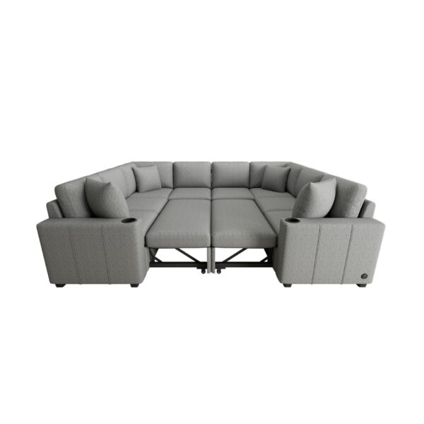 Modern U Shaped Sectional Sofa Convertible Pull Out Sofa Bed With USB Ports And Cup Holders Chenille - Gray