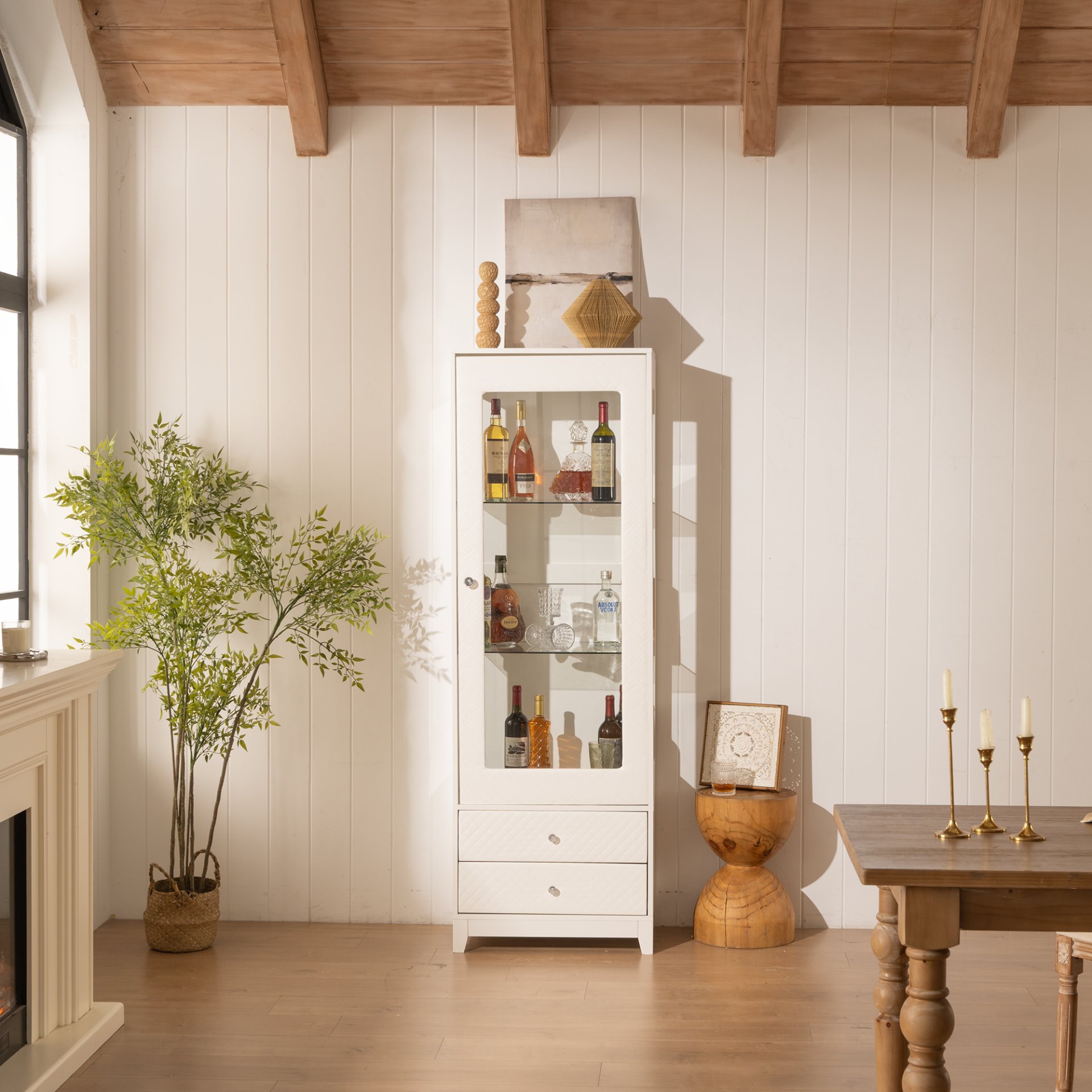 Modern Upholstered Glass Display Cabinet With Adjustable LED Light - White - Image 6