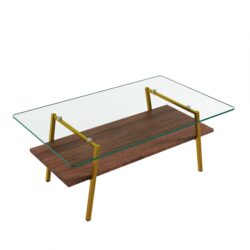 Rectangle Coffee Table, Tempered Glass Tabletop With Gold Metal Legs, Modern Table For Living Room, Transparent Glass - Dark Brown