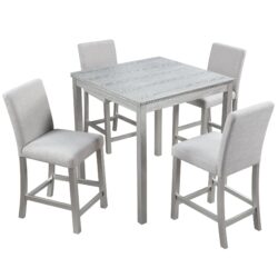 5 Piece Counter Height Table Set, Wooden Kitchen Table Set With Square Table And 4 Upholstered Chairs, Counter Height Dining Table With Crystal Decoration And Chair Set - Silver Gray