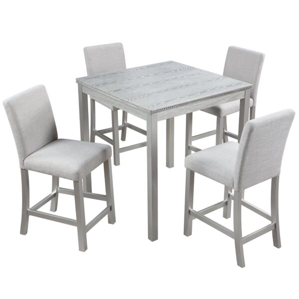 5 Piece Counter Height Table Set, Wooden Kitchen Table Set With Square Table And 4 Upholstered Chairs, Counter Height Dining Table With Crystal Decoration And Chair Set - Silver Gray