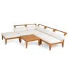 6 Piece Patio Sofa Set, Acacia Wood Outdoor Modular Sectional Garden Furniture Set L Shaped Conversation Set, Convertible Daybed With Tea Table, Ottoman, 5 Cushions And Pillows - Teak / Beige - Image 11