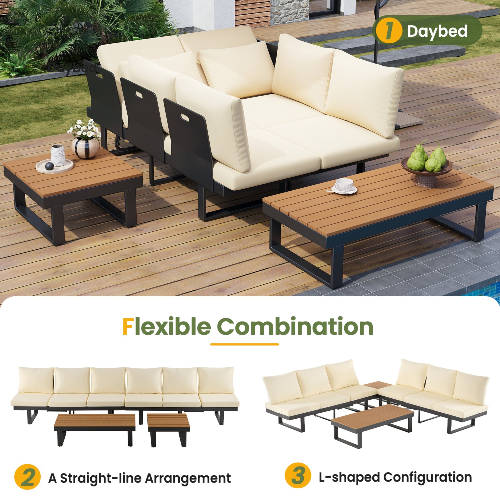 Outdoor Sectional Sofa Set With Adjustable Reclining Seats For Backyard - Beige - Image 7