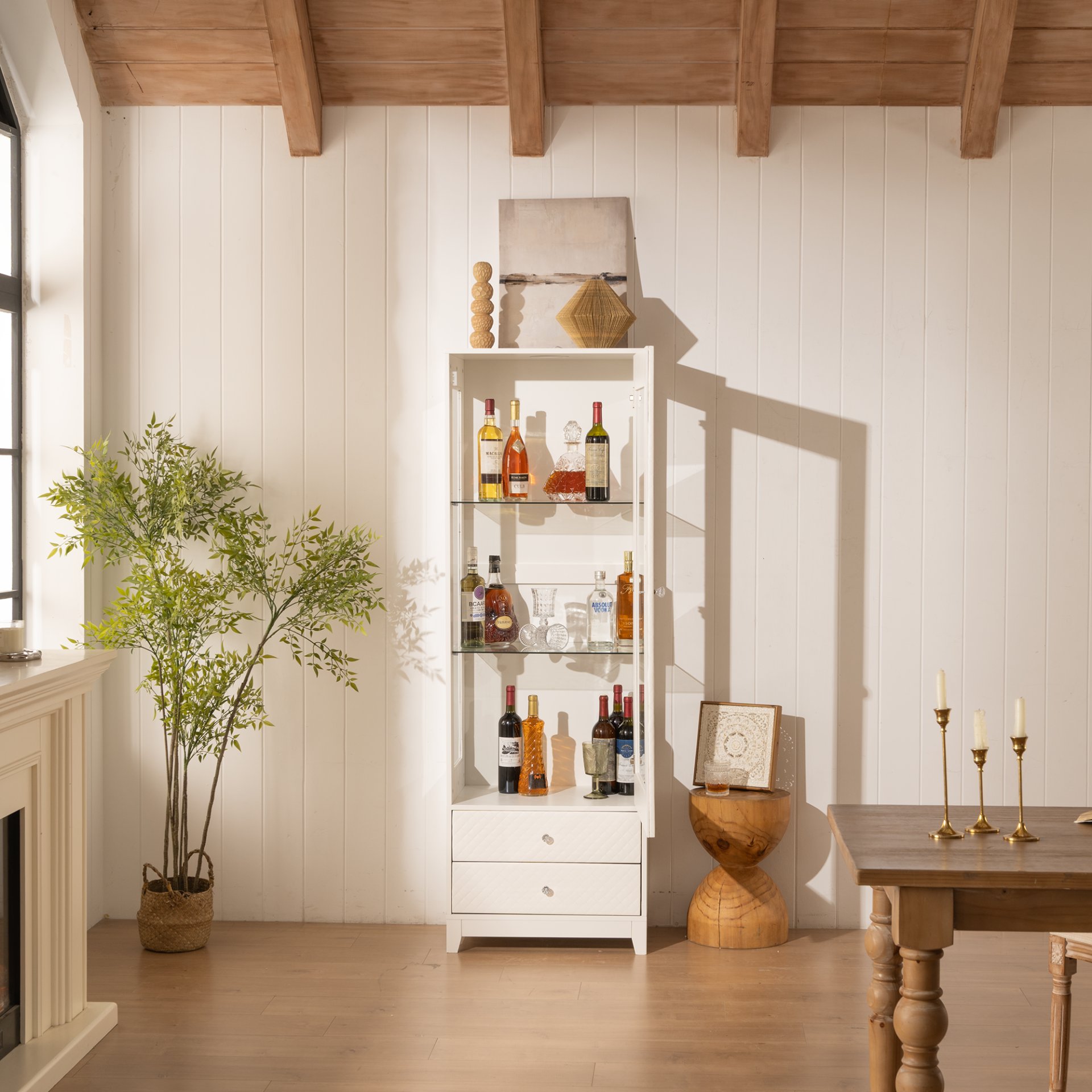 Modern Upholstered Glass Display Cabinet With Adjustable LED Light - White - Image 7