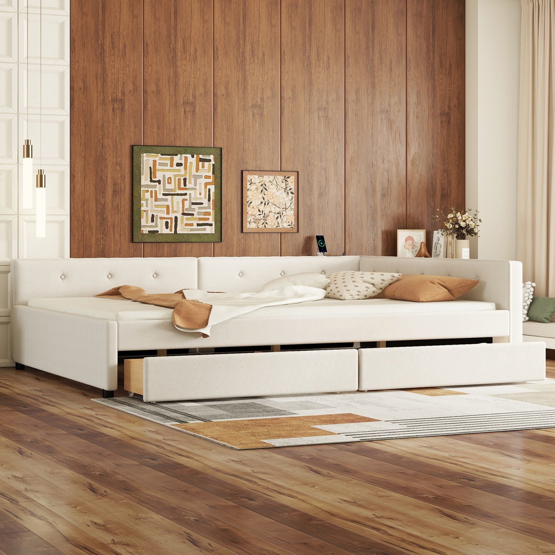Full Size Upholstered Platform Bed With USB Ports And Storage Drawers - Beige - Image 5