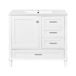 36" Bathroom Vanity With Solid Pine Frame, Soft Close Door Drawers - White