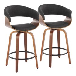 Vintage Mod - Mid-Century Modern Fixed Height Counter Stool & Swivel With Round Footrest (Set of 2) - Walnut / Charcoal
