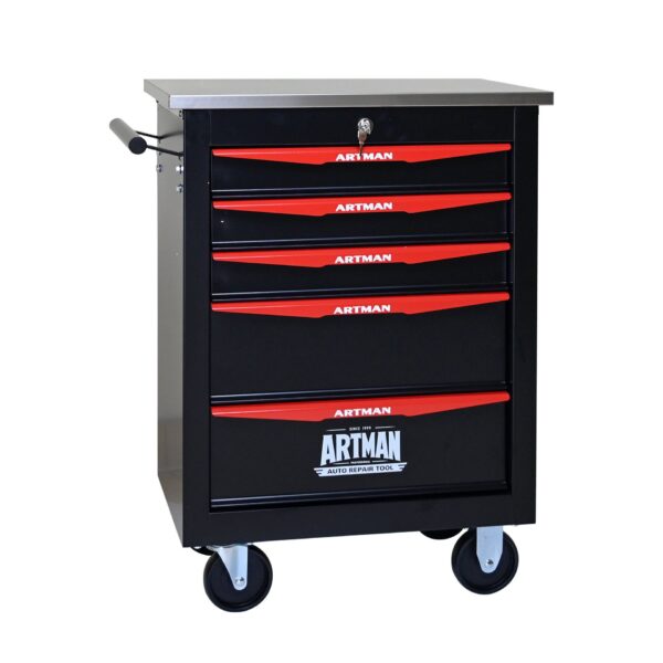 5 Drawer Multifunctional Tool Cart With Wheels, Metal Rolling Tool Cart Storage For Garage Workshop Warehouse Repair Shop With Stainless Steel Roof - Black / Red