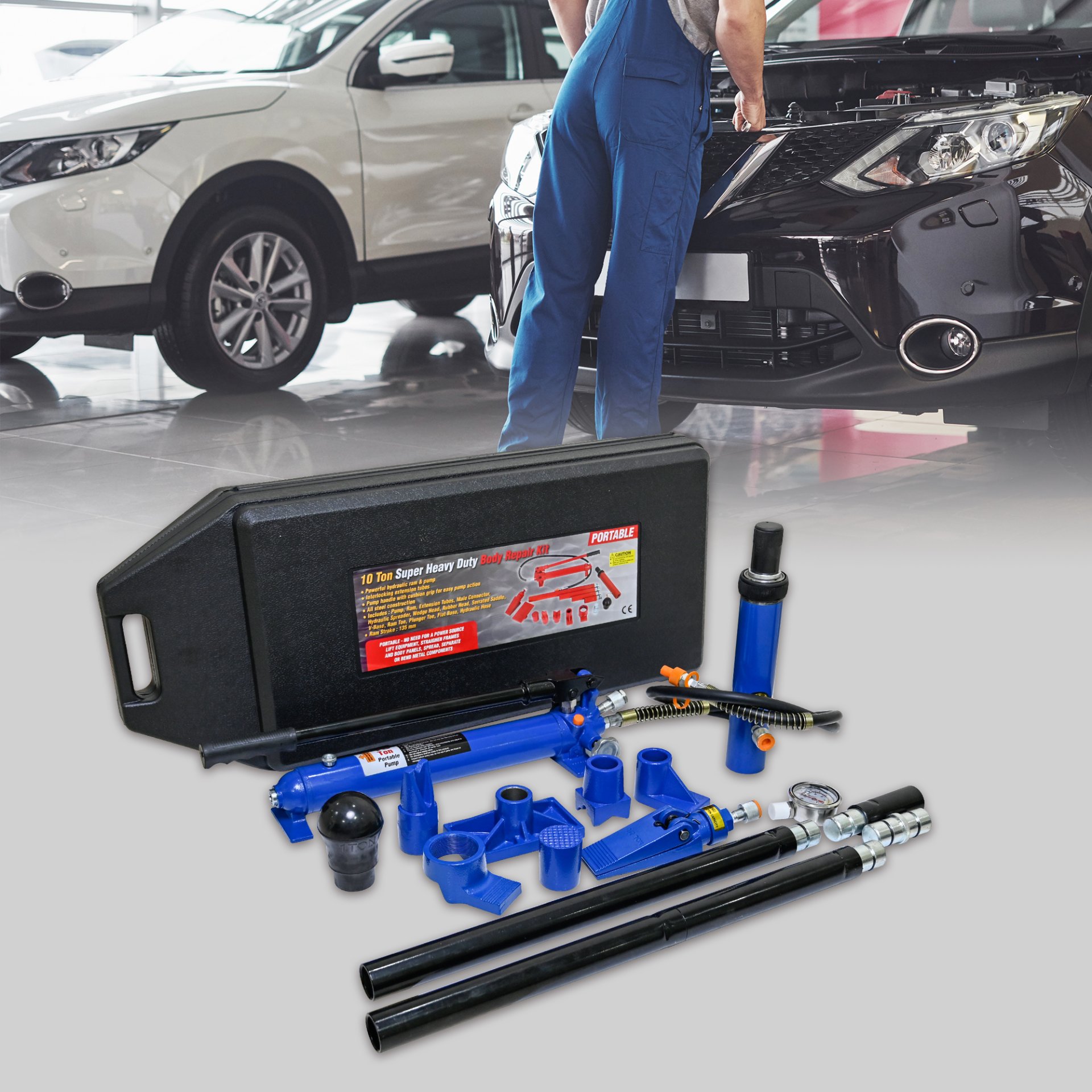 10 Ton Portable Hydraulic Equipment Kit For Metal Work - Black / Blue - Image 12