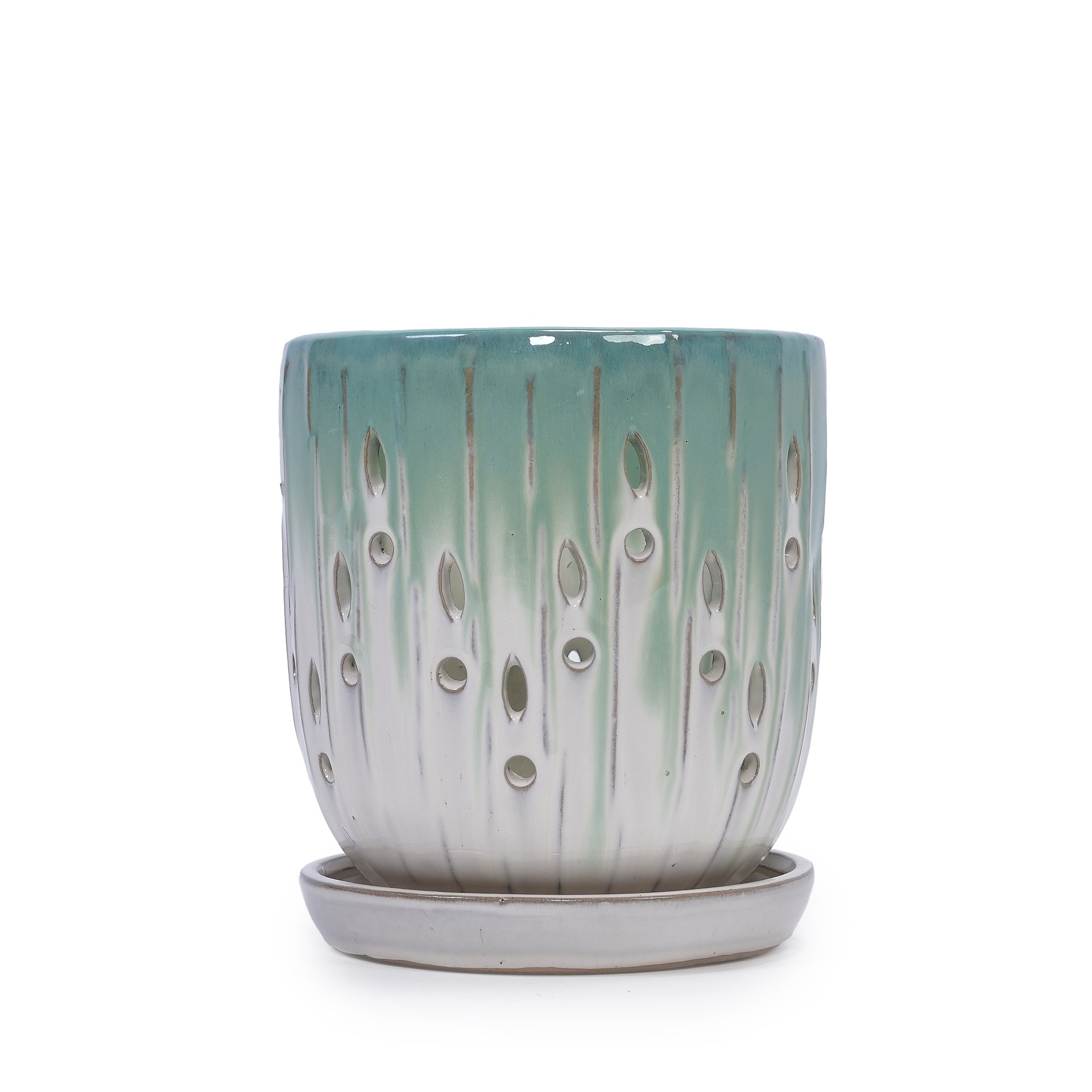 Ceramic Flowerpot With Drainage Hole, 8" Planter For Patio, Garden, Windowsill (Set of 2) - White / Green - Image 5