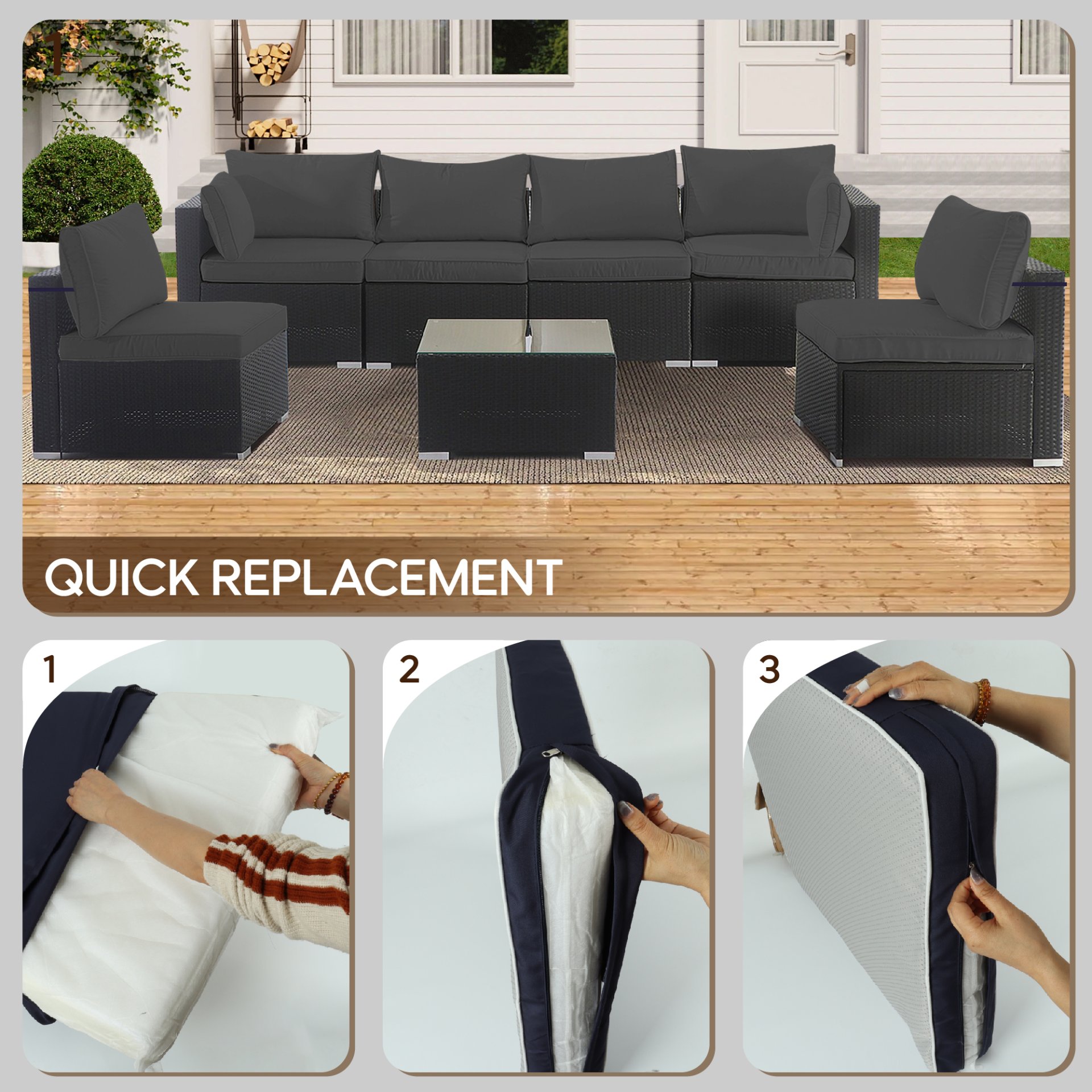 Cushion Covers For 7 Piece Wicker Sectional Sofa, 14 Pack Seat And Back Slipcovers With Zipper - Gray - Image 12