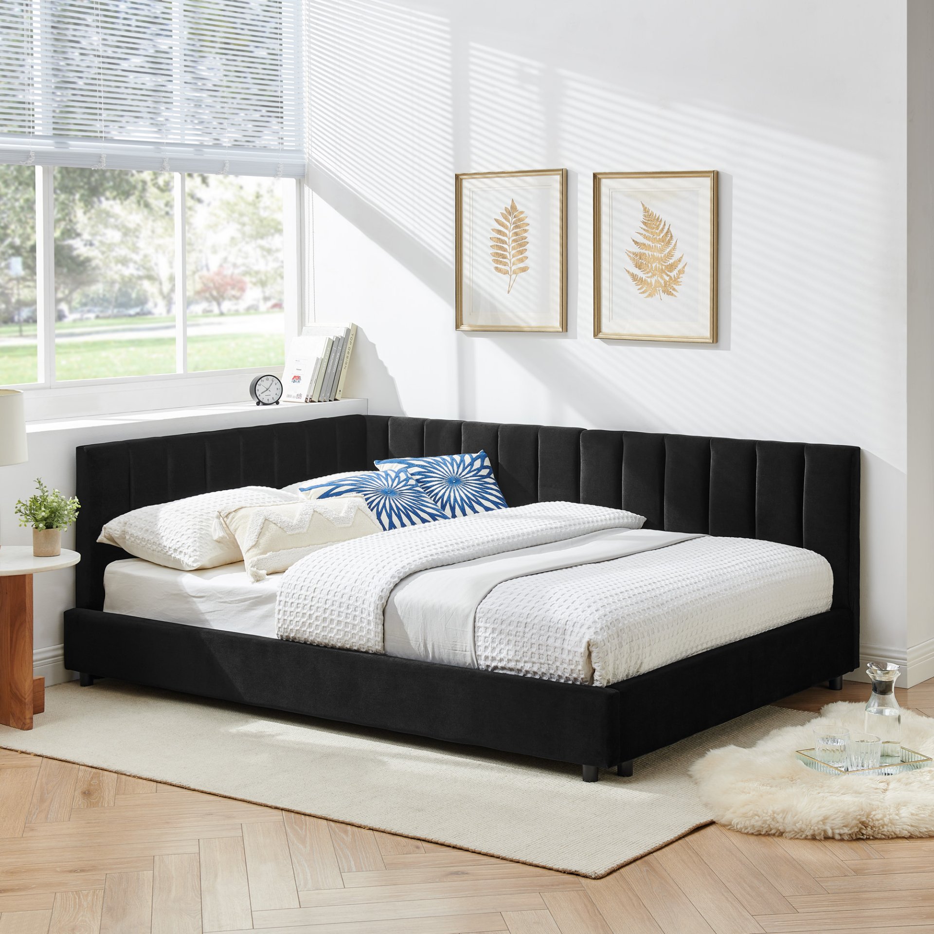 Mid Century Full Size Upholstered Tufted Bed Frame With Comfortable Backrest And Armrests Velvet - Black - Image 4