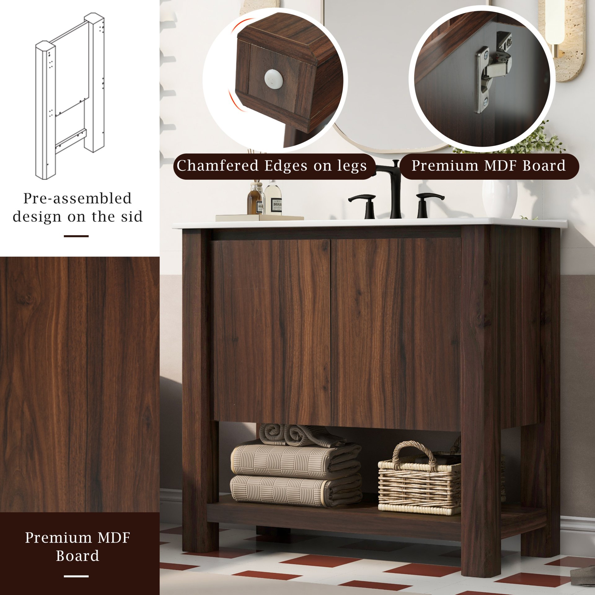 36" Modern Bathroom Vanity With Rectangle Ceramic Sink, Bathroom Cabinet And 45 Degrees Free Handle Design Soft Closing Doors, 1 Open Shelf At The Bottom - Dark Brown - Image 6