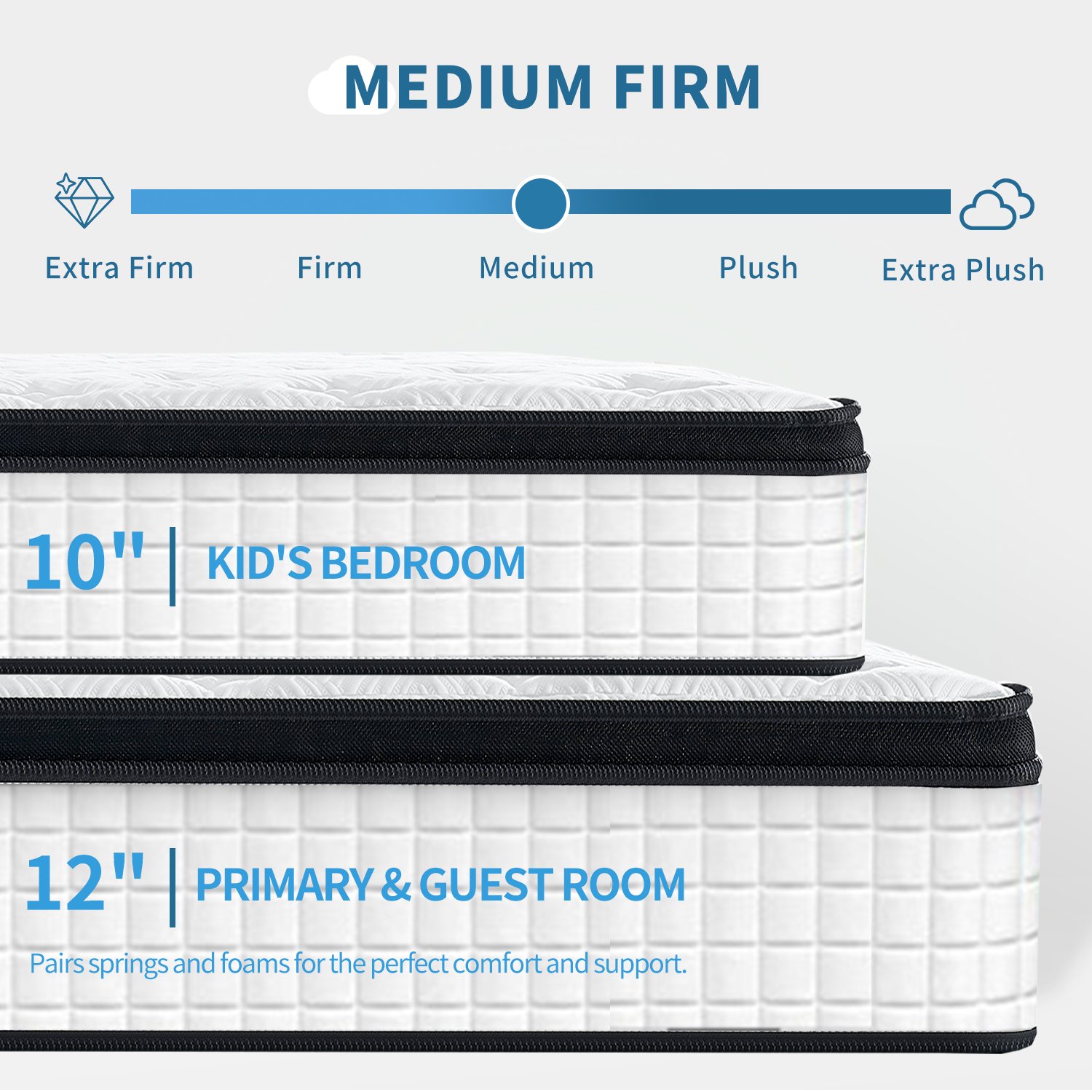 12" Twin Long Hybrid Mattress Individual Pocket Spring Comfortable Memory Foam Breathable Cool Knitted Cover - White / Black - Image 4