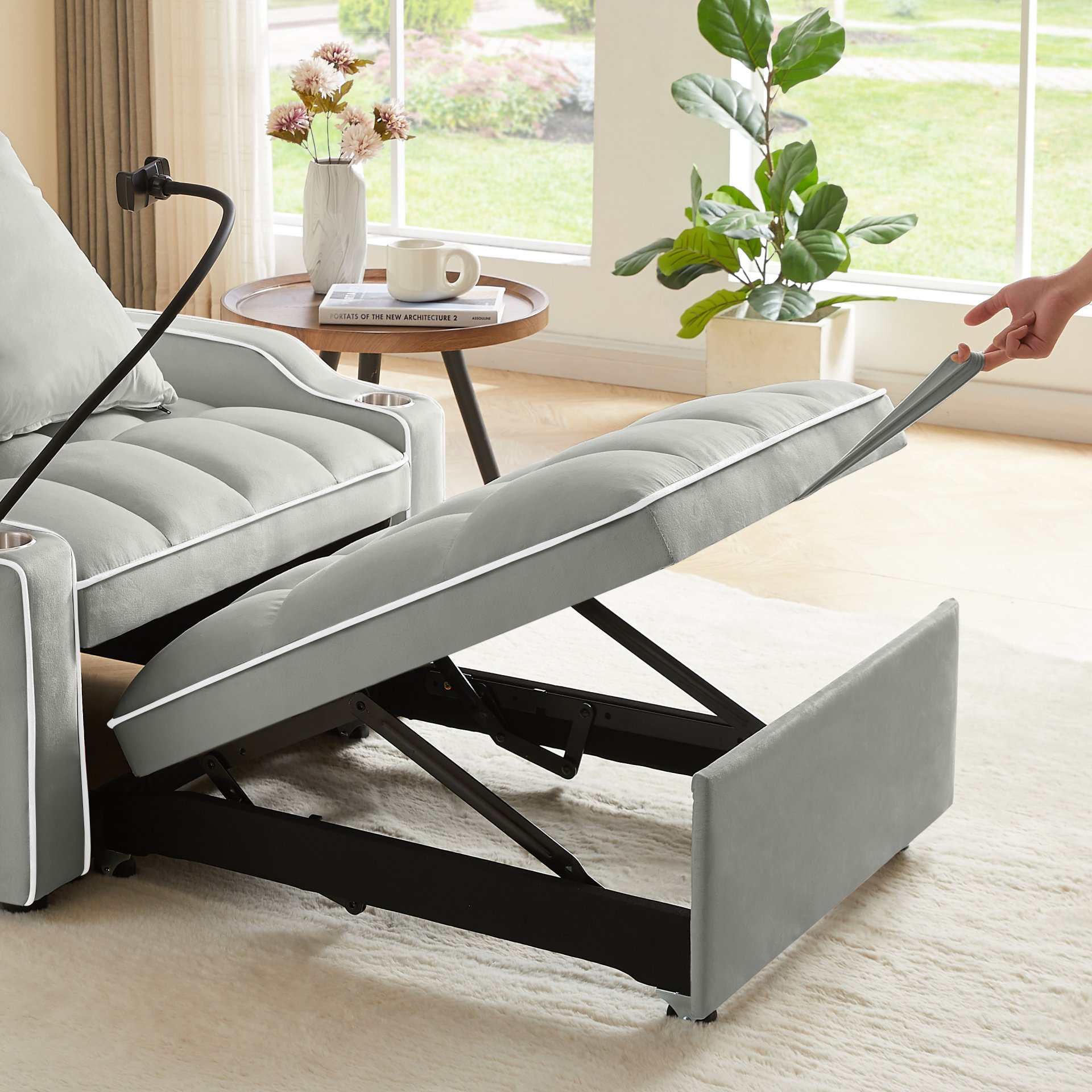 3 In 1 Convertible Sleeper Chair Sofa Bed, Adjustable Pull Out With Multi Pockets Velvet - Gray - Image 9