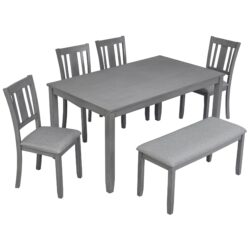 6 Pieces Kitchen Dining Set, Rectangular Wooden Dining Table With 4 Upholstered Chairs And A Bench, Dining Table Set For 6 People, Living Room, Home Bar And Kitchen - Gray
