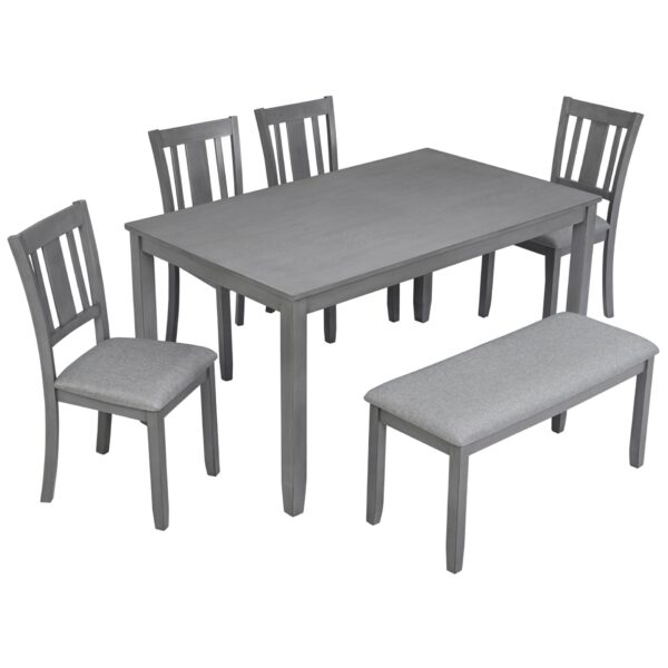 6 Pieces Kitchen Dining Set, Rectangular Wooden Dining Table With 4 Upholstered Chairs And A Bench, Dining Table Set For 6 People, Living Room, Home Bar And Kitchen - Gray