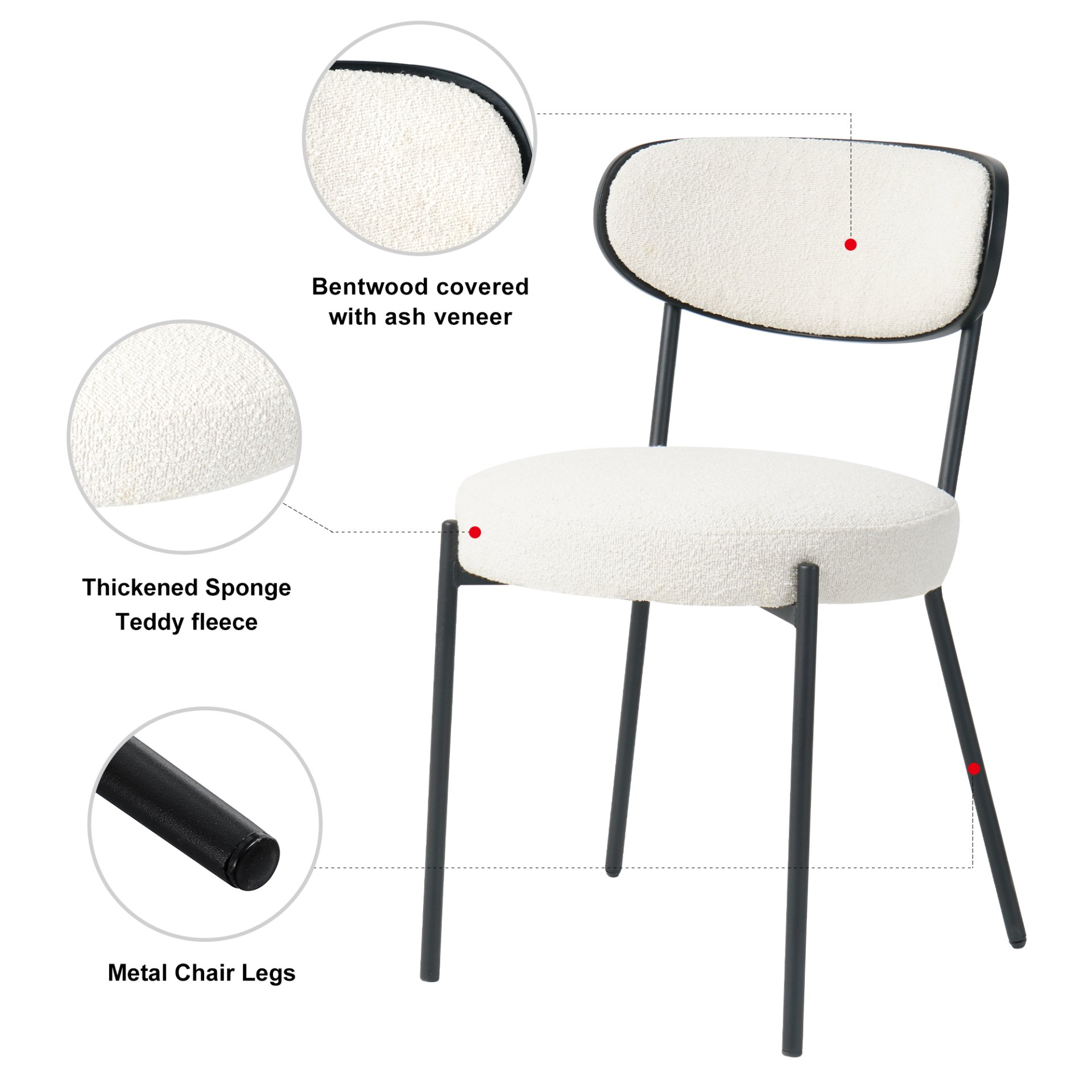 Boucle Modern Kitchen Dining Chair With Bentwood Ash Veneer Back And Black Metal Legs, (Set of 2) - Cream - Image 6